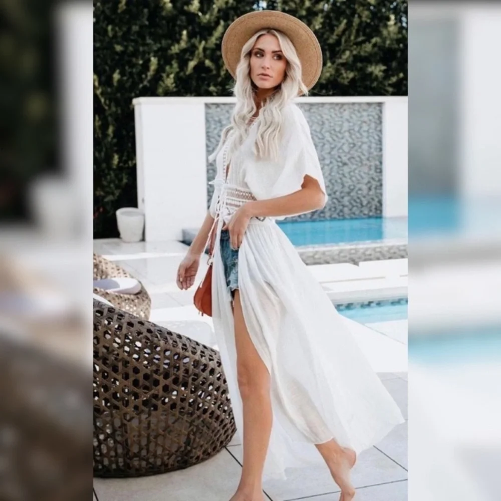 LAST 1️⃣🌻New Beautiful White Bohemian Tie Front Open Style Kimono,Lace - Picture 4 of 10